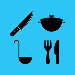 4 Kitchenware Silhouettes on Blue Background