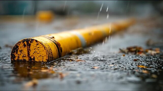 A close-up view of a weathered yellow bollard partially submerged in rainwater, surrounded by fallen leaves, capturing a serene yet moody atmosphere of a rainy day in an urban setting