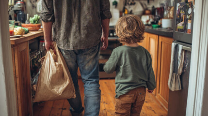 Fototapeta premium A father and son walk into a kitchen, dad carrying groceries, focus on their backs