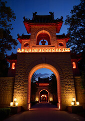 Fototapeta premium Illuminated archway of traditional Chinese architecture at night for Lunar New Year 