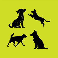 Dog Silhouettes in Various Poses on Yellow Background