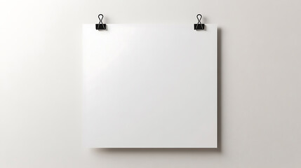 Blank sheet of paper pinned to a wall with two black binder clips.  Studio shot of a white square card on a neutral background.  Modern and minimalist presentation.
