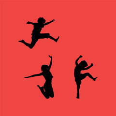 Jumping Children Silhouettes on Red Background