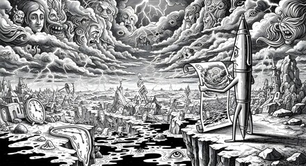 Surreal and chaotic black and white landscape with a dark apocalyptic atmosphere