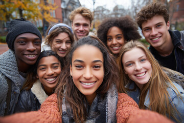 Happy diverse group of college friends taking a close selfie on a sunlit fall campus — smiling, carefree students enjoying autumn outdoors together and laughing