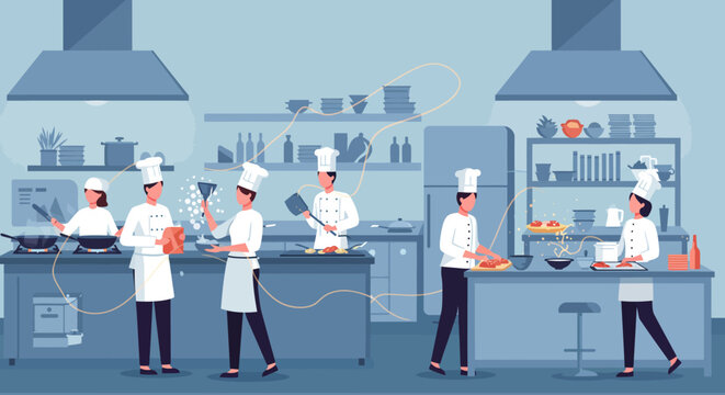 Professional chefs collaborating in modern kitchen with culinary tools