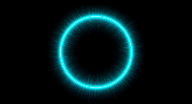 A glowing teal ring radiates outwards with sharp spikes of light against a stark black background.