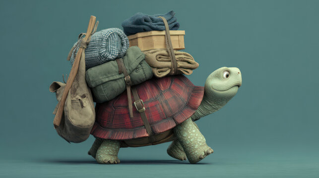 Animated tortoise, packed with luggage, on a simple muted teal background