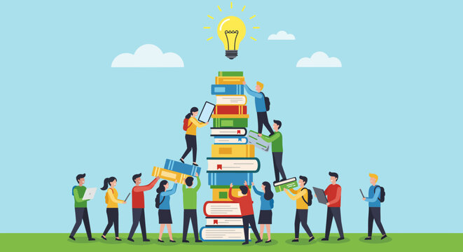 Creative teamwork and knowledge sharing concept with light bulb and book pyramid