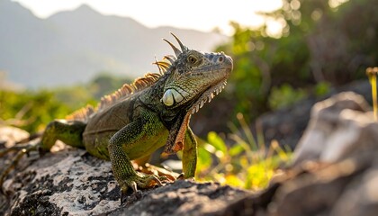 Fototapeta premium Iguana basking in the sun on a rock in nature.