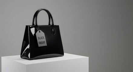 Sleek black purse on display, tag reads 'Black Friday', minimalist backdrop emphasizes the sale.