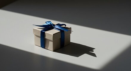 Elegant gift box tied with a vibrant blue ribbon, illuminated by a bright stream of sunlight. Gift giving