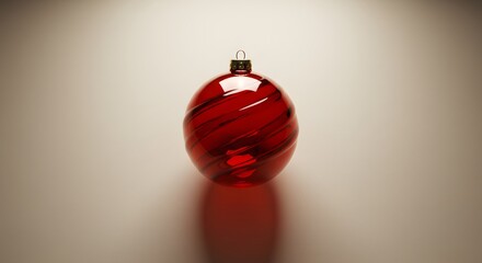 A glossy, red spherical ornament with swirling stripes casts a shadow on a softly lit surface.