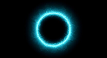 Glowing circle of turquoise energy against a black background creates a dramatic and mysterious atmosphere.