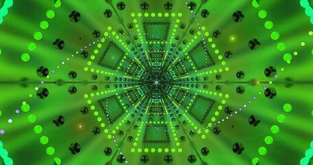 Bright green abstract spiral pattern with glowing circles and shapes