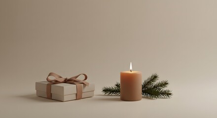 Gift box with ribbon and lit candle accompanied by a green pine sprig on a neutral surface.