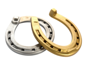 Two horse shoes, silver and gold, intertwined against a black background