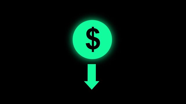 Bright glowing neon green dollar sign with downward arrow motion graphic animation. Financial decrease. Expense. Debt. Payment. 4K money loss video.