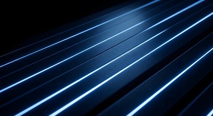 Striking perspective of dark parallel bars accentuated with illuminated blue lines against a black backdrop.
