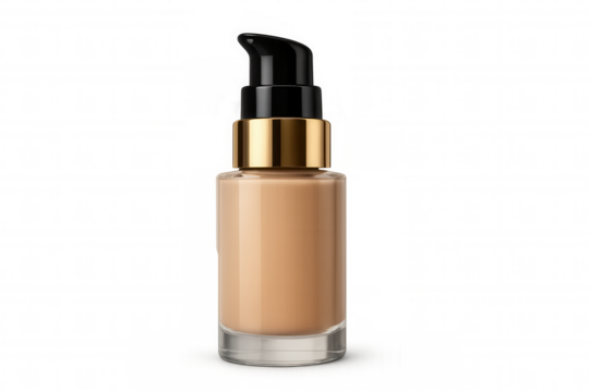 Liquid cosmetic foundation pump bottle providing skin tone coverage on transparent background