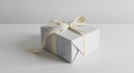 Elegantly wrapped gift box with neutral linen paper and ribbon tied in a bow on a clean, minimalist surface.
