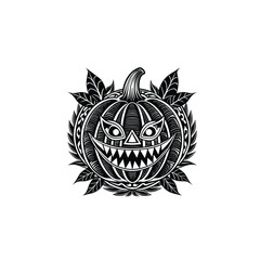 Creepy Halloween pumpkin face with spider web and bats in black style. Ideal for horror party posters and Halloween decorations.