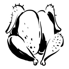 Simple linear vector drawing of a roasted turkey for Thanksgiving dinner. Monochrome hand drawn illustration of a poultry, symbolizing a festive meal. Outline food design for menu.