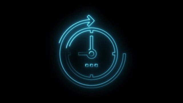 Glowing neon clock with arrow on black background representing time management