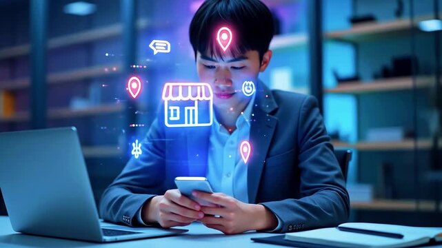 A person in a business suit uses a phone near a laptop with augmented reality icons