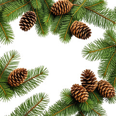 Pine branches & cones framing space. Holiday, winter, or Christmas theme