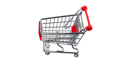 Miniature shopping cart isolated on a black backdrop, with red handles, metal, and a small seat