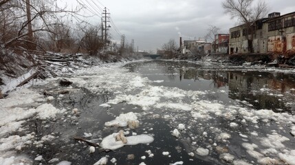 Polluted river flowing past derelict buildings under a grey, overcast sky