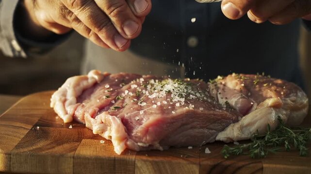 Close-up of hands sprinkling seasoning from a jar onto fresh pork on a wooden board, preparing meal, food preparation, cooking process, kitchen