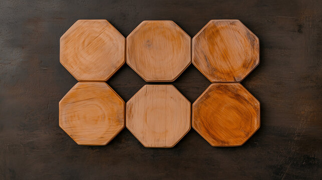Set of six octagonal wooden coasters arranged on dark background  