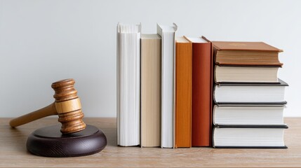 Gavel rests on a wooden base next to stacked books and a decorative scale symbolizing justice, creating a formal legal setting