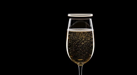 Champagne flute filled with bubbly golden liquid and a ring of foam