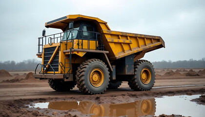 A large yellow dump truck sits on a muddy road at a construction site.