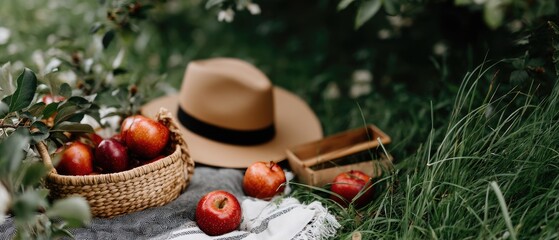A straw hat and woven basket sit on the grass, with fresh red apples nearby, bathed in warm sunlight during a peaceful outdoor moment