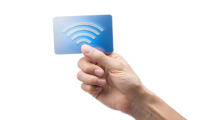 Hand holding a card with a wifi symbol isolated on transparent background, representing wireless connectivity and internet access