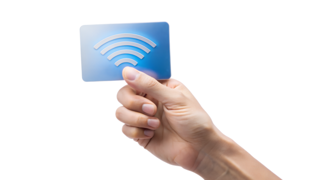 Hand holding a card with a wifi symbol isolated on transparent background, representing wireless connectivity and internet access