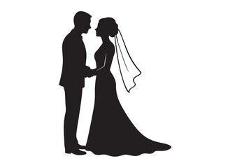 wedding couple logo silhouette vector, groom couple silhouette vector illustration, couple silhouette with wedding dress, romantic couples wedding woman logo silhouettes vector on a white background