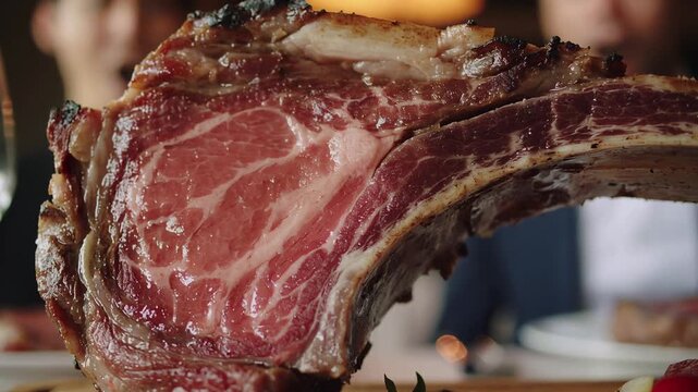 Giant tomahawk steak presentation at luxury restaurant with excited patrons and suited server, fine dining experience with dramatic food presentation