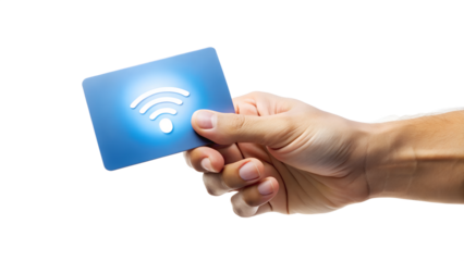 Hand holding a card with a wifi symbol isolated on transparent background, representing wireless connectivity and internet access