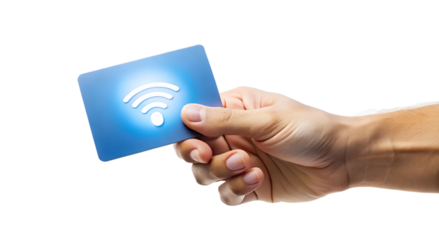 Hand holding a card with a wifi symbol isolated on transparent background, representing wireless connectivity and internet access