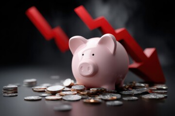 Pink piggy bank surrounded by scattered coins, with a downward trending red arrow in the background, symbolizing financial decline and economic challenges in personal finance management