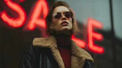 Stylish woman in sunglasses with a red neon 'SALE' sign in the background.