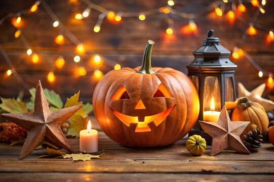 A wall and a table made of rough boards, on the table in the middle there is a jack-o-lantern, on the right there is an old hand lantern with a candle, everywhere there are stars, leaves, garlands.
