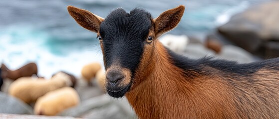 Fototapeta premium A group of white sheep and one black sheep graze peacefully by a clear lake surrounded by green hills under a blue sky