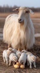 Fototapeta premium A mother goat gently nuzzles her playful kid while they enjoy a quiet moment together in a peaceful, dusty landscape