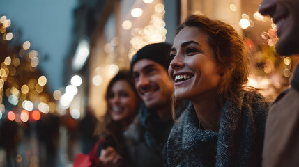Group of friends enjoying a festive evening out, laughing and smiling together.
